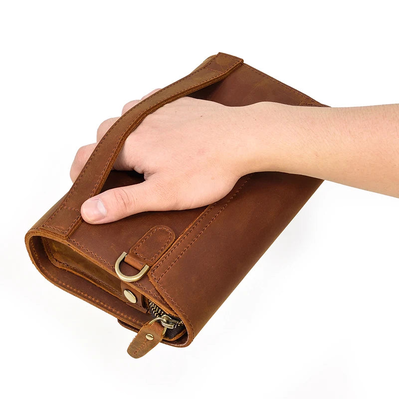 Top Grade Men Purse Genuine Leather Day Clutches For Male Vintage Style Hand Purse Crazy Horse Leather Mens Clutch Big Wallet