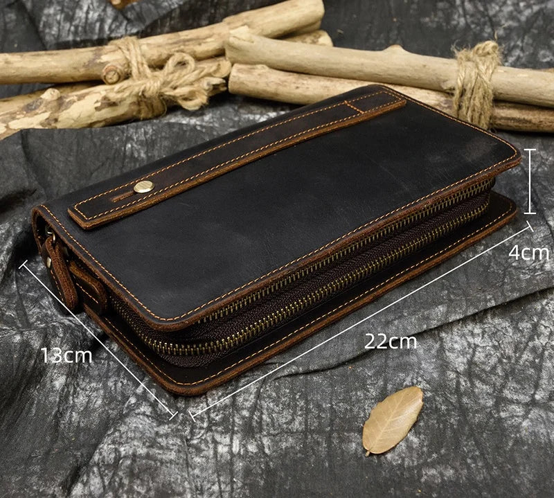 Top Grade Men Purse Genuine Leather Day Clutches For Male Vintage Style Hand Purse Crazy Horse Leather Mens Clutch Big Wallet