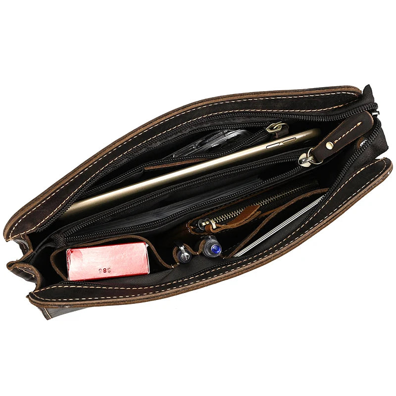 Top Grade Men Purse Genuine Leather Day Clutches For Male Vintage Style Hand Purse Crazy Horse Leather Mens Clutch Big Wallet