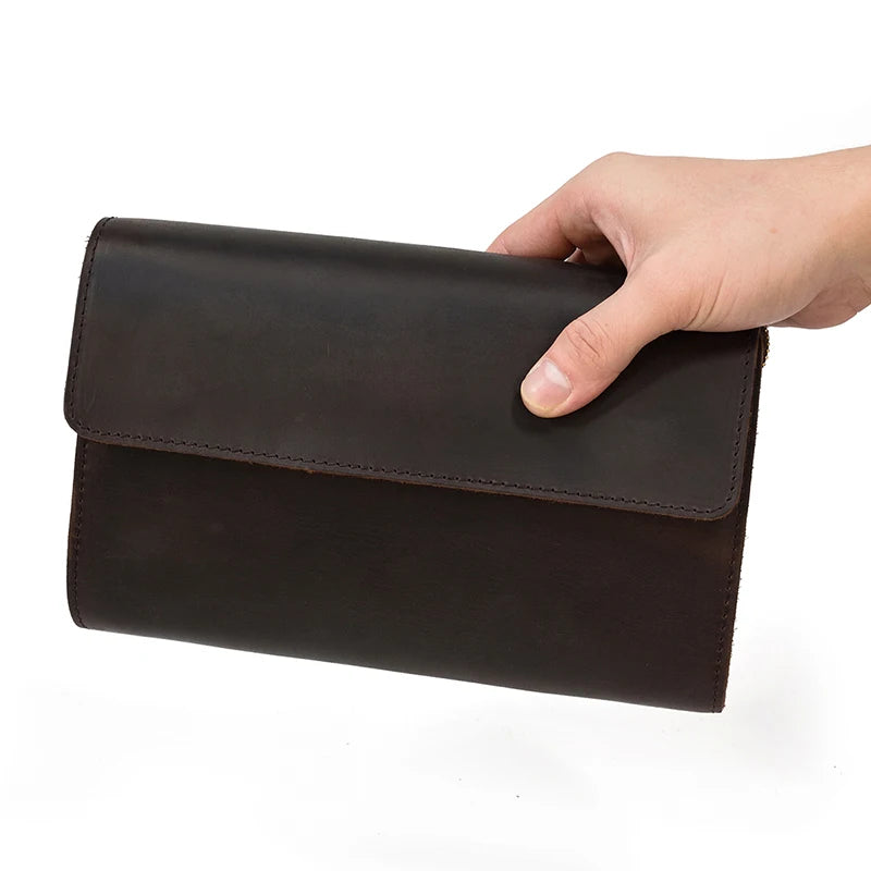 Top Grade Men Purse Genuine Leather Day Clutches For Male Vintage Style Hand Purse Crazy Horse Leather Mens Clutch Big Wallet
