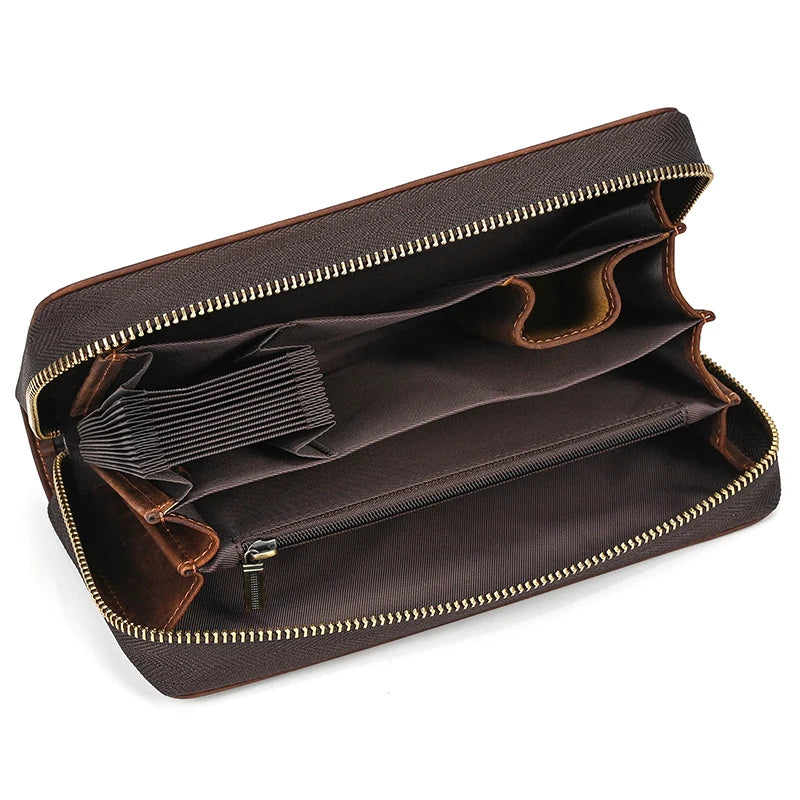 Top Grade Men Purse Genuine Leather Day Clutches For Male Vintage Style Hand Purse Crazy Horse Leather Mens Clutch Big Wallet