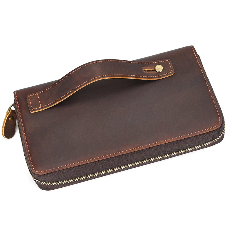 Top Grade Men Purse Genuine Leather Day Clutches For Male Vintage Style Hand Purse Crazy Horse Leather Mens Clutch Big Wallet
