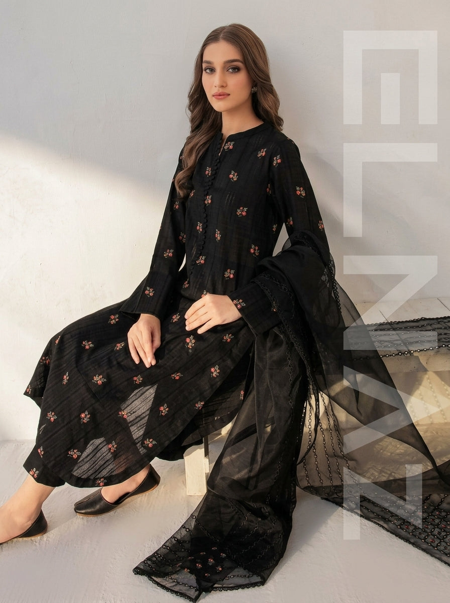 Noir Elegance – ELNAZ Pure Khaddar Embroidered Suit