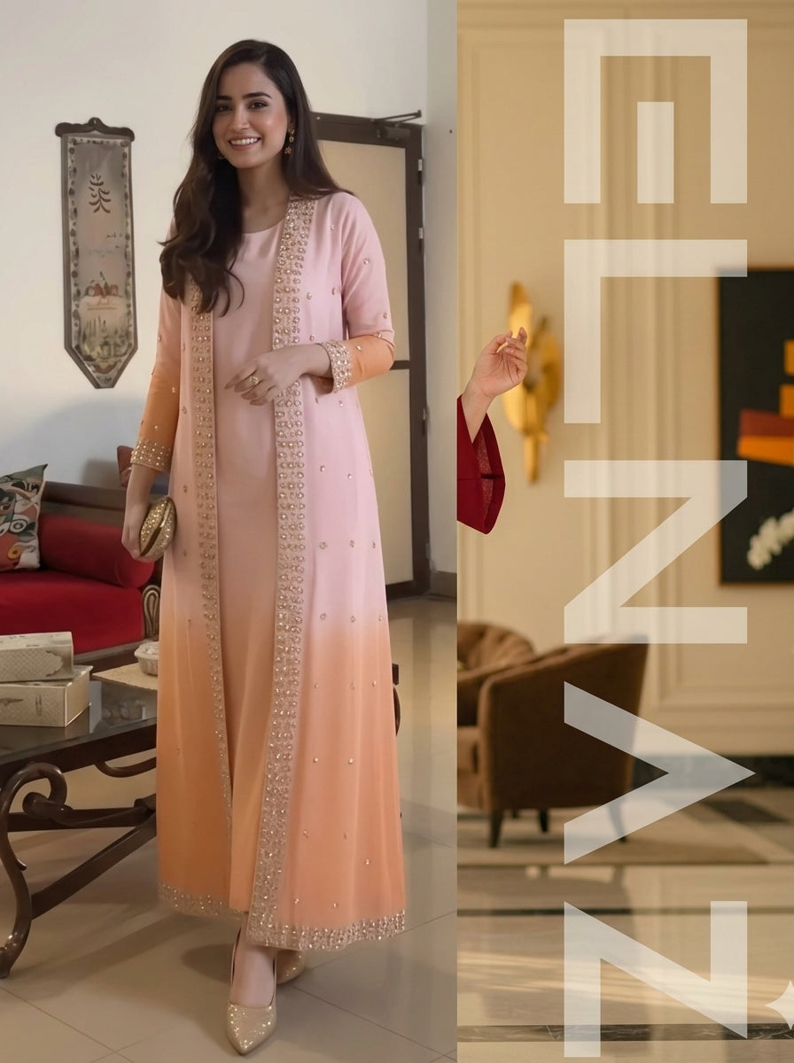 2-Piece Ready-to-Wear Women Outfit – Ombre Peach Embellished Long Shirt with Trouser | By ELNAZ