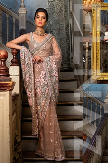 ELNAZ Misty Blossom – Luxury Embroidered Chiffon Saree