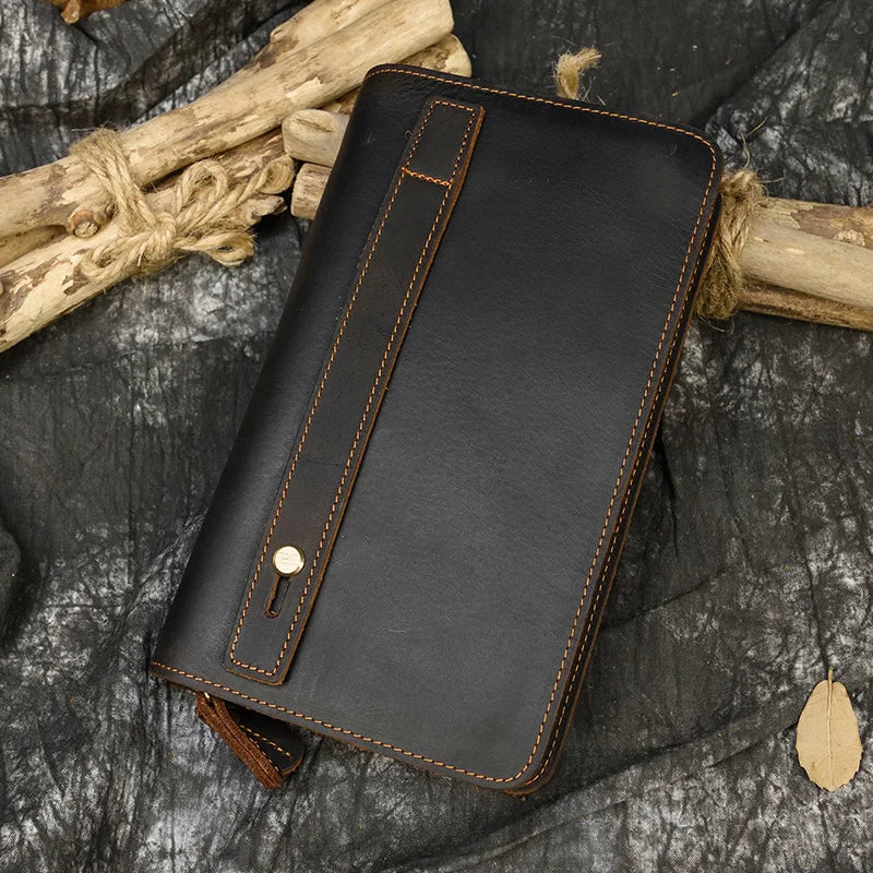 Top Grade Men Purse Genuine Leather Day Clutches For Male Vintage Style Hand Purse Crazy Horse Leather Mens Clutch Big Wallet