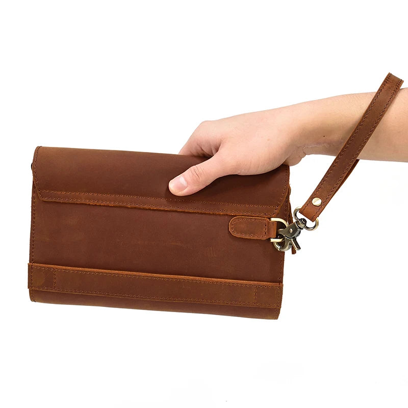 Top Grade Men Purse Genuine Leather Day Clutches For Male Vintage Style Hand Purse Crazy Horse Leather Mens Clutch Big Wallet