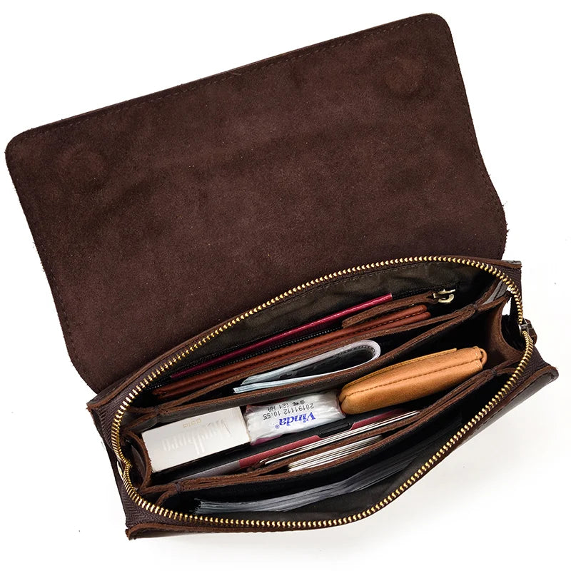 Top Grade Men Purse Genuine Leather Day Clutches For Male Vintage Style Hand Purse Crazy Horse Leather Mens Clutch Big Wallet