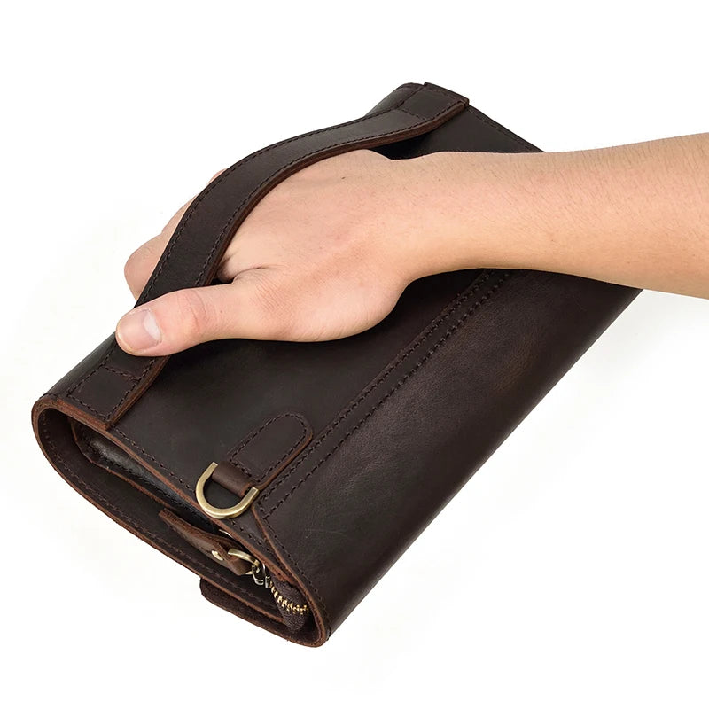 Top Grade Men Purse Genuine Leather Day Clutches For Male Vintage Style Hand Purse Crazy Horse Leather Mens Clutch Big Wallet