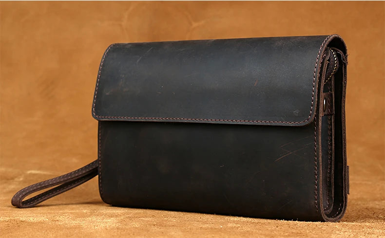 Top Grade Men Purse Genuine Leather Day Clutches For Male Vintage Style Hand Purse Crazy Horse Leather Mens Clutch Big Wallet