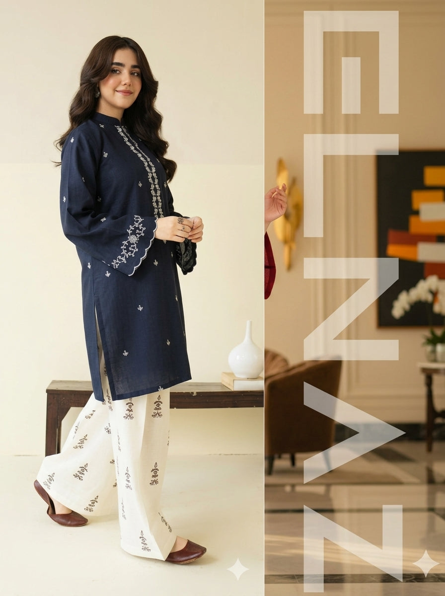 2-Piece Ready-to-Wear Women Outfit – Blue Embroiderd Kurti with Embroidered Trouser | ELNAZ by Needle Crafts Pakistan