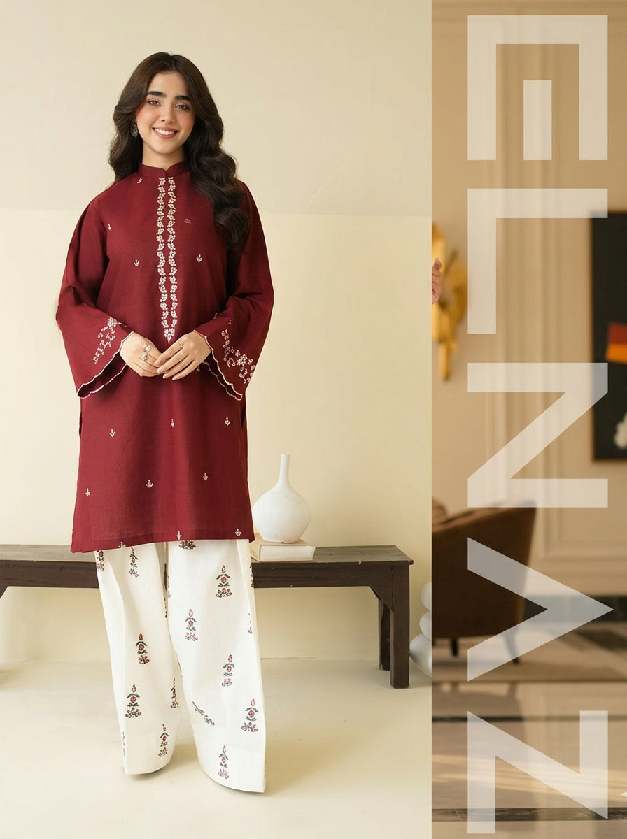2-Piece Ready-to-Wear Women Outfit – Blue Embroiderd Kurti with Embroidered Trouser | ELNAZ by Needle Crafts Pakistan