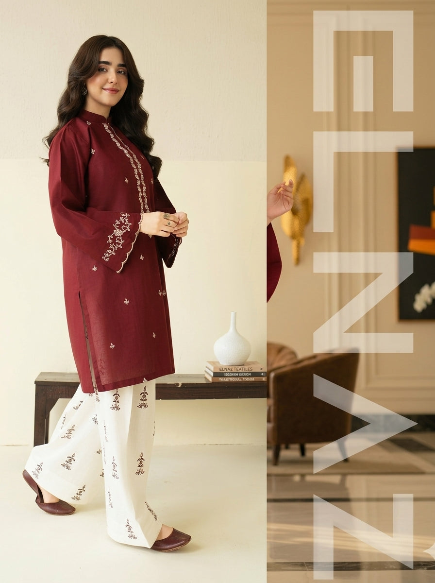2-Piece Ready-to-Wear Women Outfit – Blue Embroiderd Kurti with Embroidered Trouser | ELNAZ by Needle Crafts Pakistan