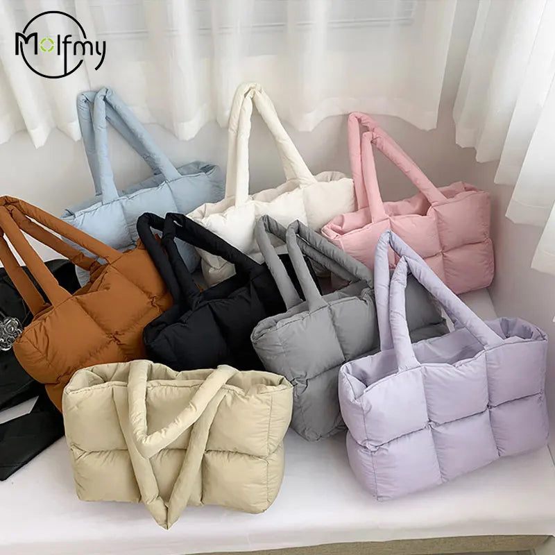 Women Tote Handbags Quilted Plaid Bag Retro Trendy Checkered Waterproof Shoulder Bag Solid Color Winter Soft Large Capacity Bags