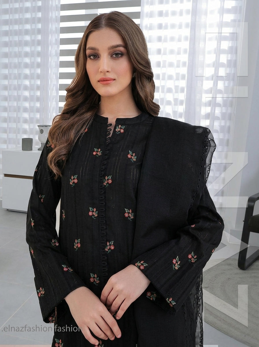 Noir Elegance – ELNAZ Pure Khaddar Embroidered Suit
