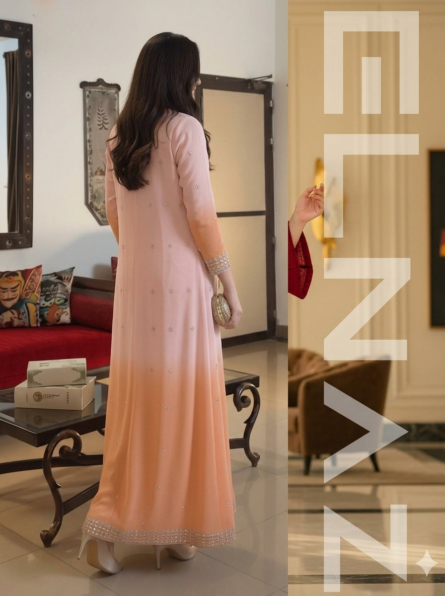 2-Piece Ready-to-Wear Women Outfit – Ombre Peach Embellished Long Shirt with Trouser | By ELNAZ