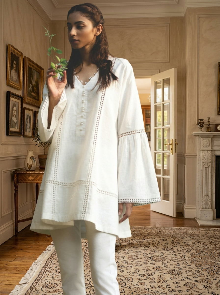 2-Piece Ready-to-Wear Women Outfit – Blue Embroiderd Kurti with Embroidered Trouser | ELNAZ by Needle Crafts Pakistan