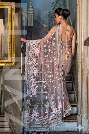 ELNAZ Misty Blossom – Luxury Embroidered Chiffon Saree